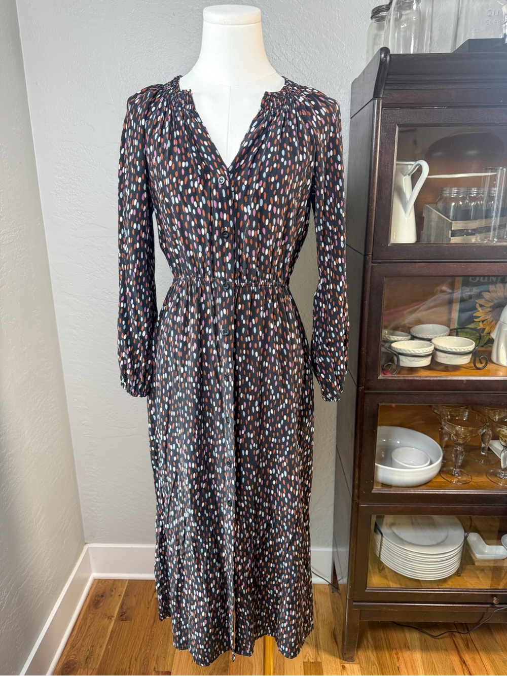 Presley Skye 100% Silk Button Front Dress Black Multicolor Dot Print Size S